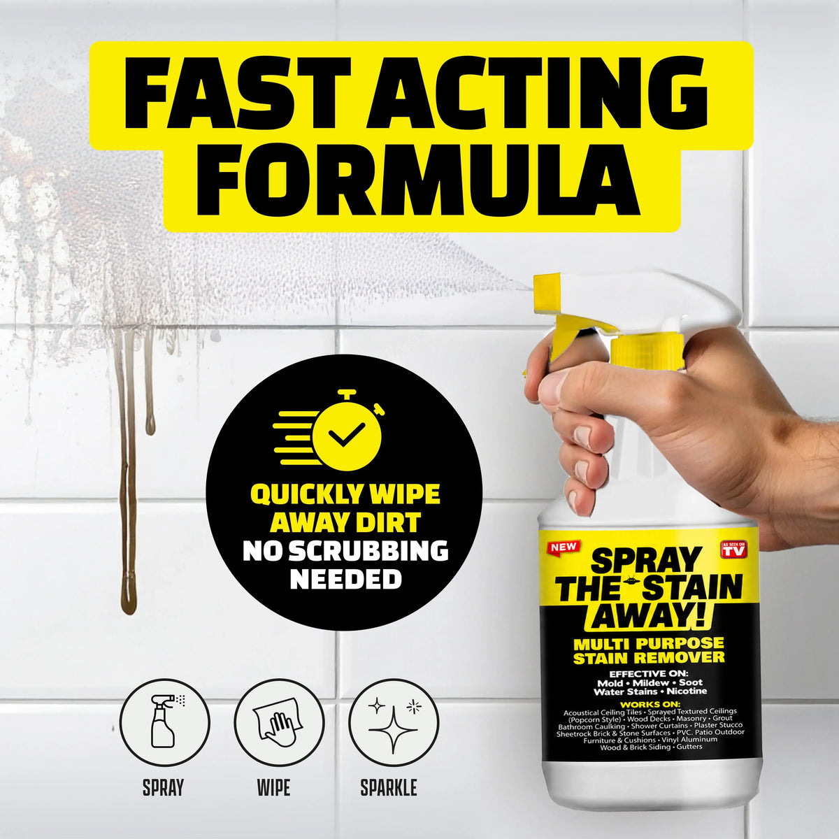 Multi-surface cleaner for mold, mildew, and stubborn grime. Works indoors and outdoors on brick, driveways, siding, bathtubs, fences, ceilings, and sidewalks.