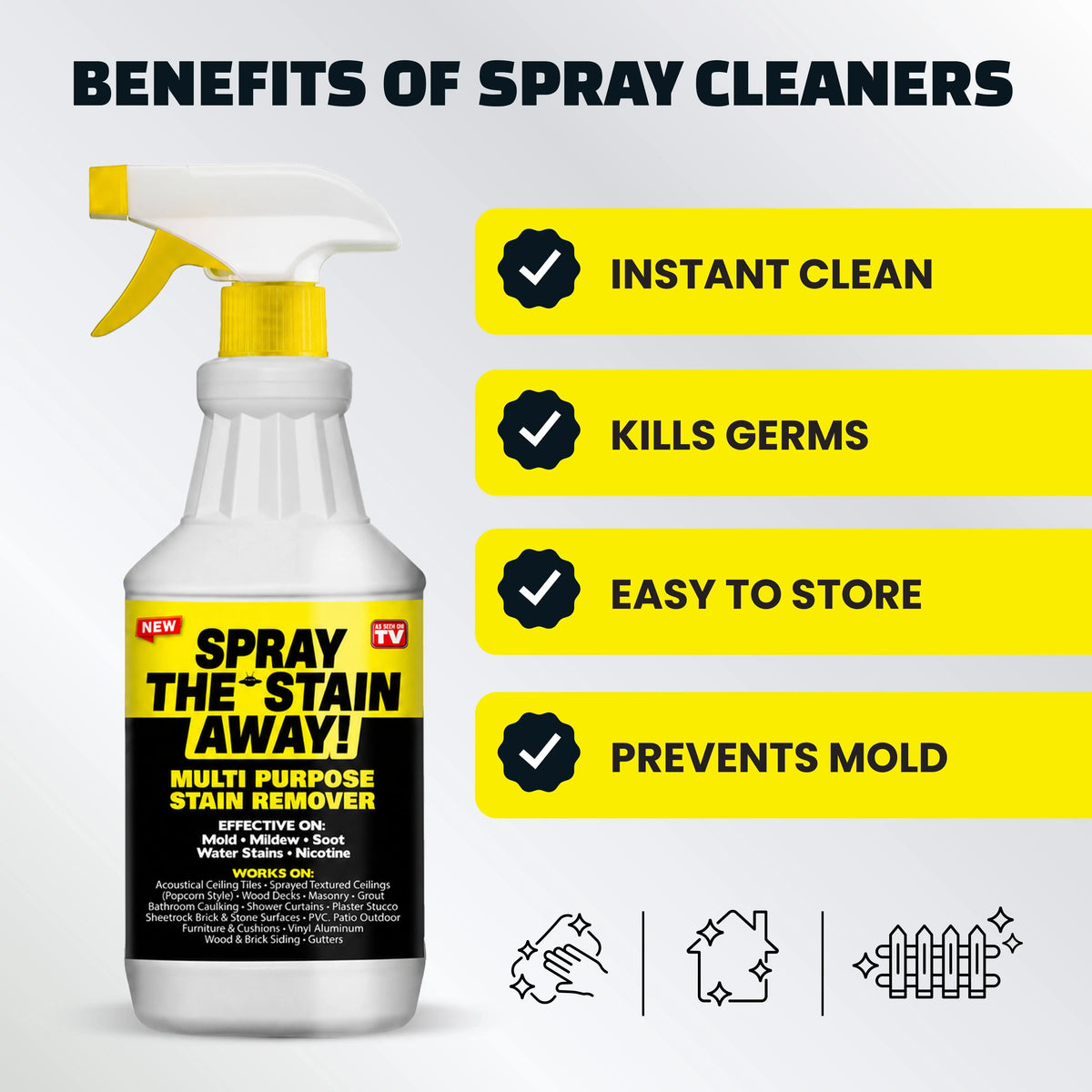 Multi-surface cleaner for mold, mildew, and stubborn grime. Works indoors and outdoors on brick, driveways, siding, bathtubs, fences, ceilings, and sidewalks.